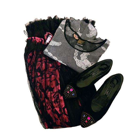 Johnny Was Yolanda Jade Boho pleated maxi skirt black lace fuchsia pink XS - Picture 15 of 16